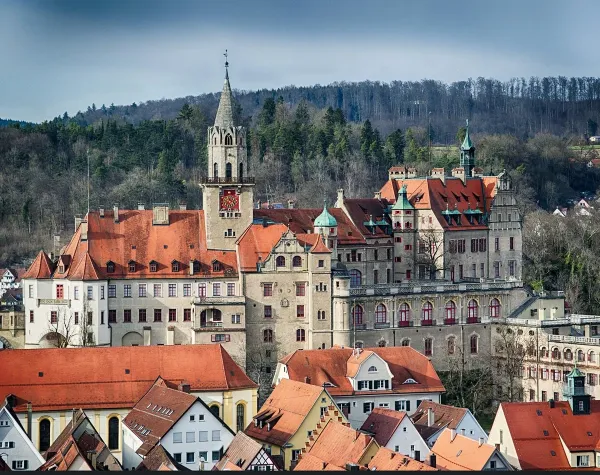 Schloss Sigmaringen mit roten Dächern und Türmen vor bewaldetem Hügel im Landkreis Sigmaringen.