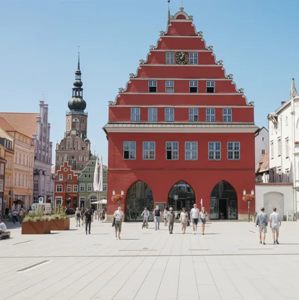 Rotes Giebelhaus mit Uhr auf Platz, Menschen spazieren, Kirchturm im Hintergrund, sonniger Tag in Vorpommern-Greifswald.