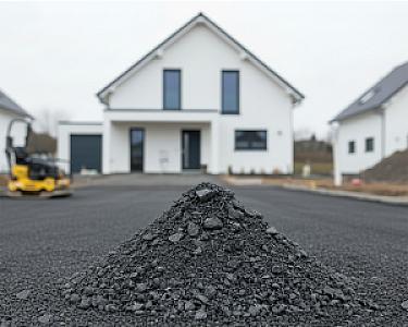 Ein Haufen Basaltschotter auf einer Baustelle vor einem modernen, weißen Einfamilienhaus.