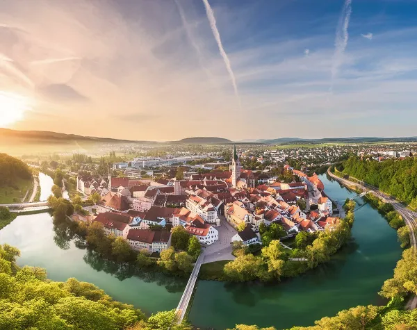 Panoramablick auf die Stadt Straubing mit historischen Gebäuden und Fluss in grüner Landschaft bei Sonnenuntergang.