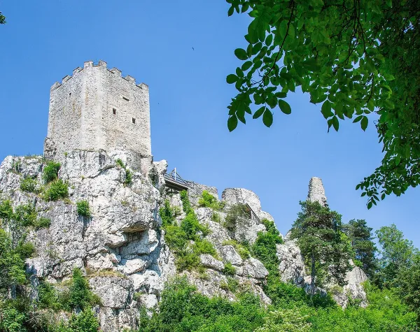 Burg auf einem Felsen, umgeben von üppigem Grün unter klarem, blauem Himmel.