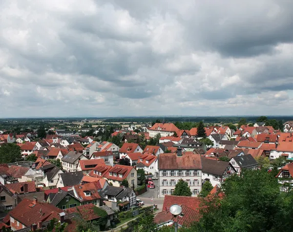 Stadtansicht von Amberg-Sulzbach mit vielen roten Dächern und bewölktem Himmel.