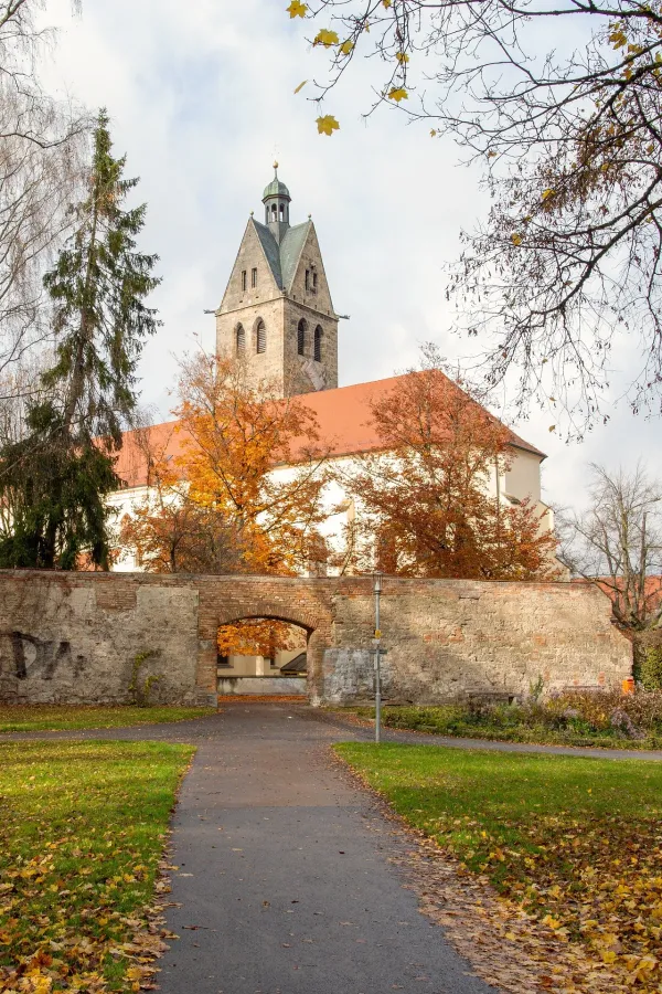 Historische Kirche in Memmingen mit Herbstbäumen im Vordergrund.