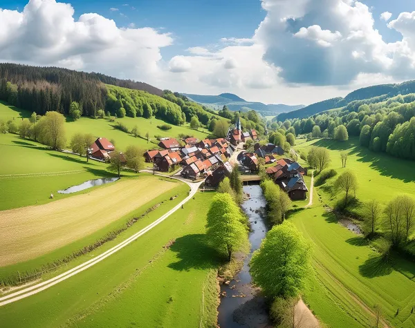 Panorama des Oberspreewald-Lausitz mit idyllischer Landschaft, Wiesen, Wäldern und kleinen Häusern am Fluss.
