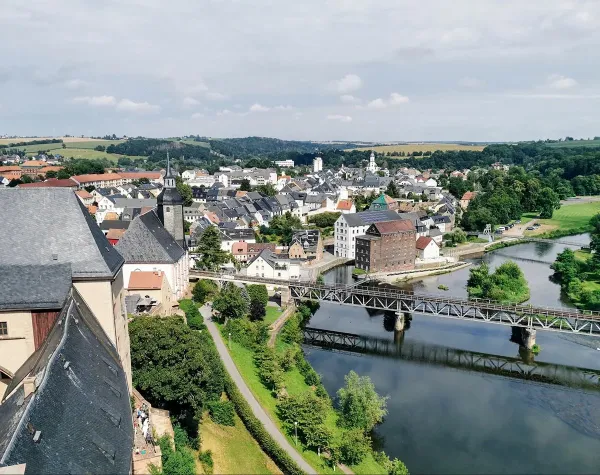 Stadtansicht von Zwickau mit Fluss, Brücke, Gebäuden und umliegender Landschaft im Hintergrund.