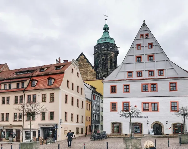 Historische Gebäude im Zentrum der Sächsischen Schweiz-Osterzgebirge, im Hintergrund ein Kirchturm.